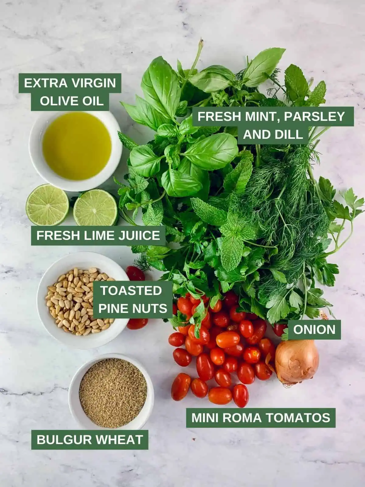 Labelled ingredients needed to make Hereb Tabbouleh Salad.