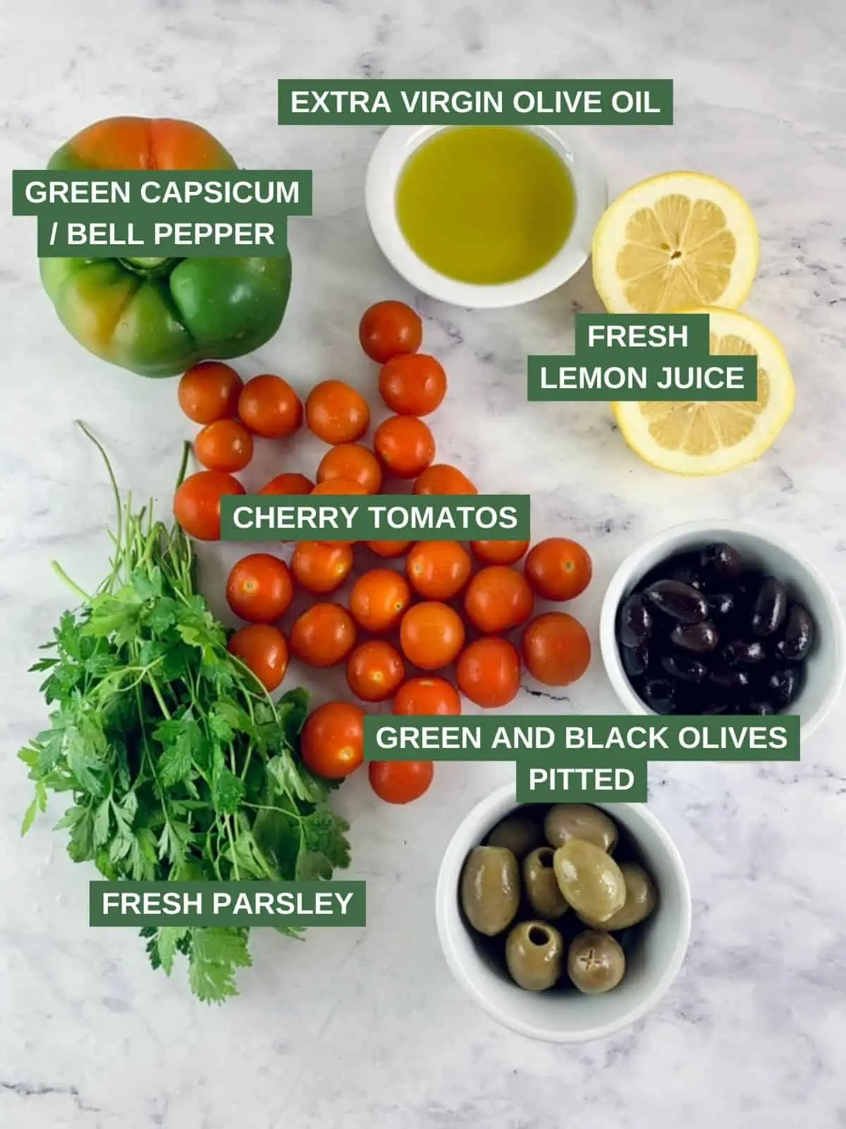 Labelled ingredients needed to make an olive salad.