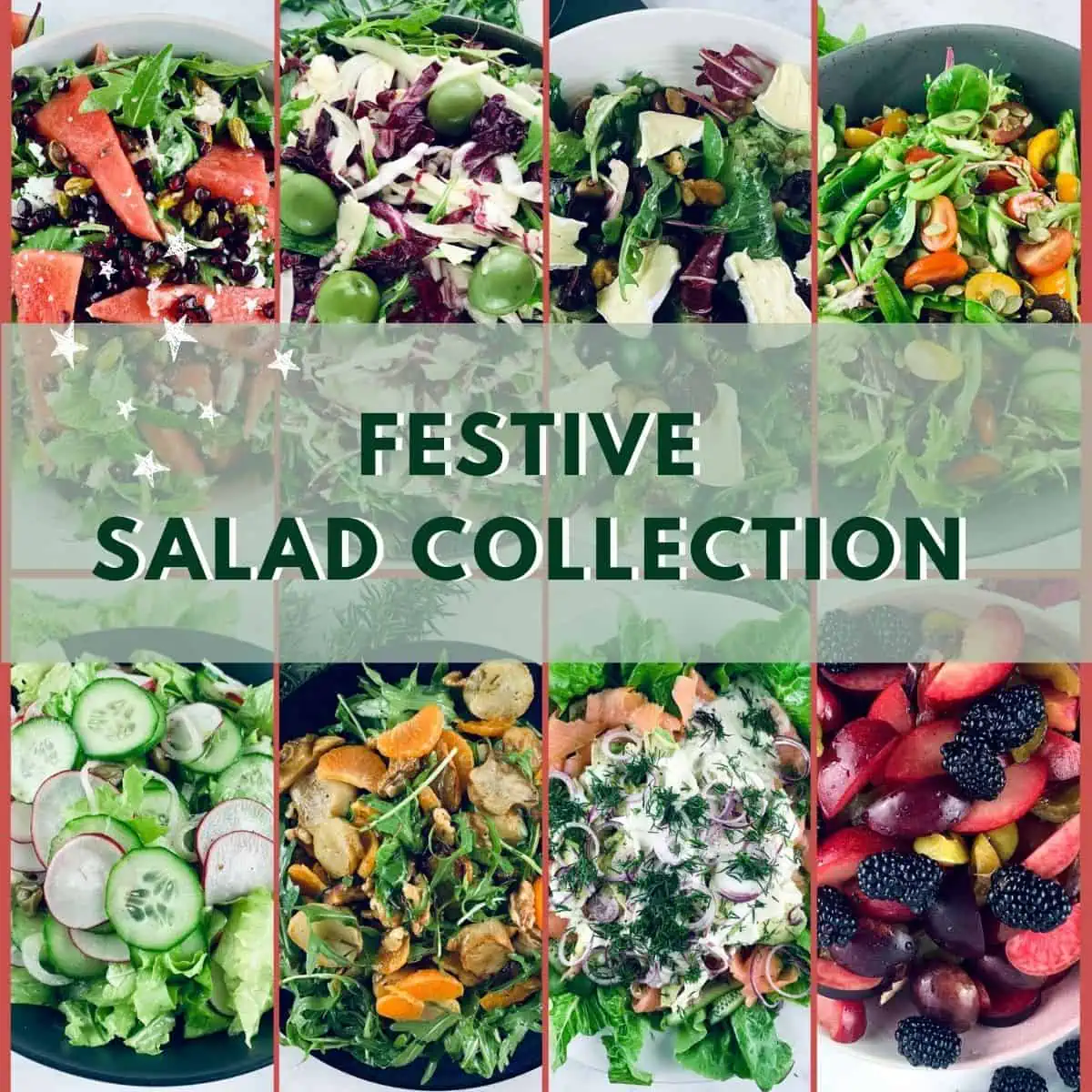 A collection of festive salads with text and graphics.