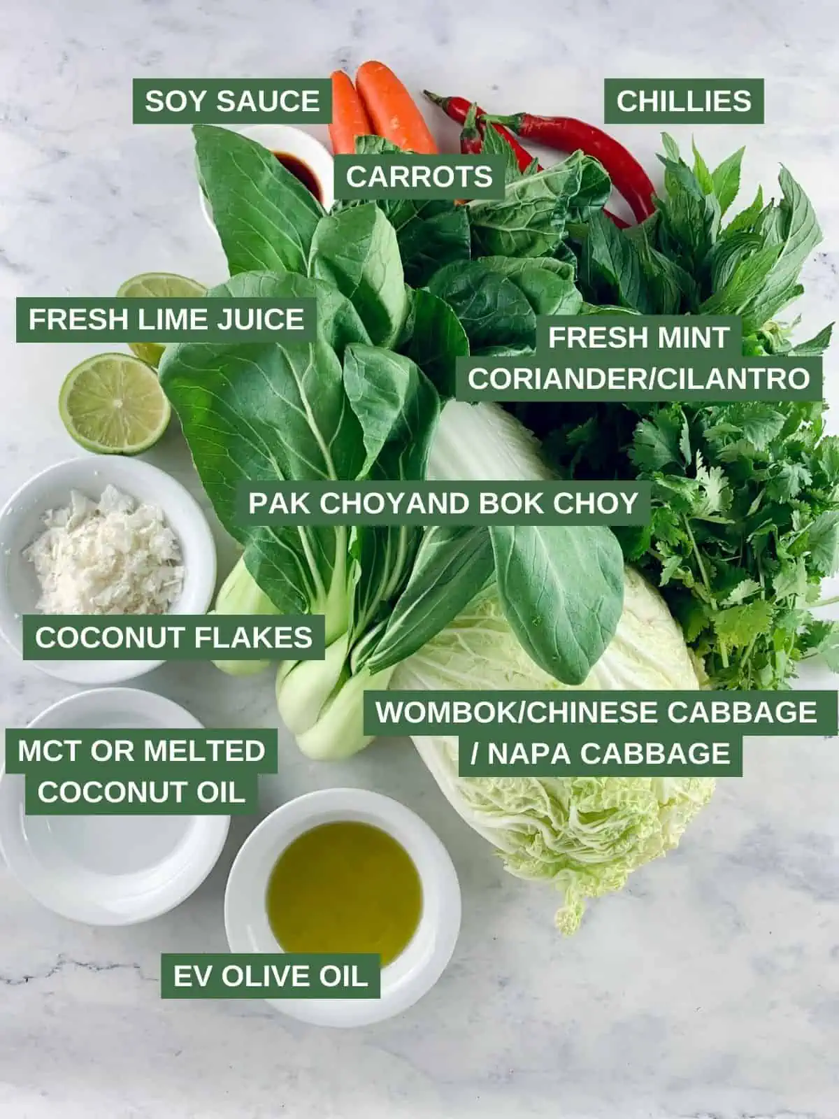 Labelled ingredients needed to make an Asian Wombok salad.